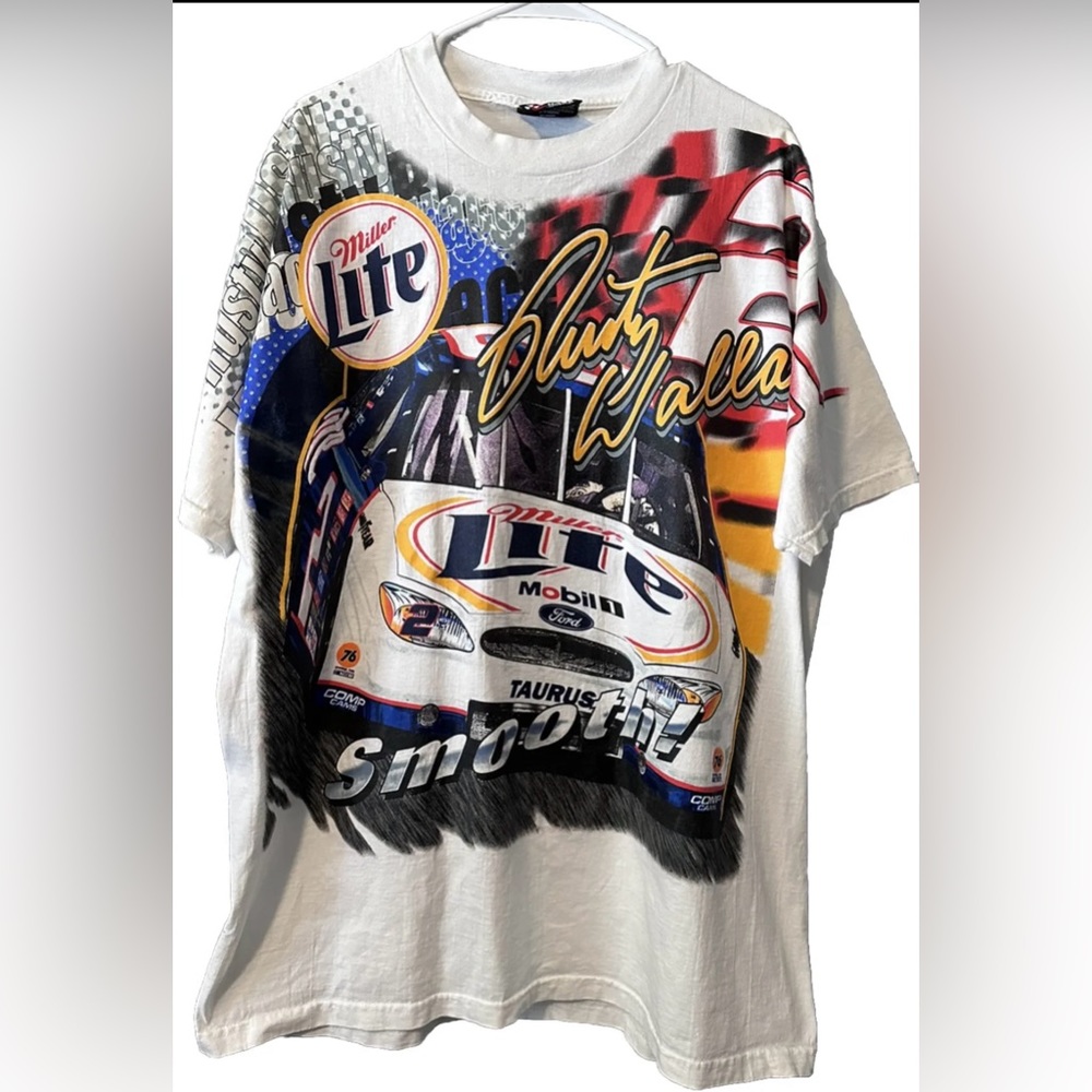 VINTAGE NASCAR RUSTY WALLACE AOP 90S LIGHTNING TSHIRT LOGO ATHLETIC SIZE LARGE